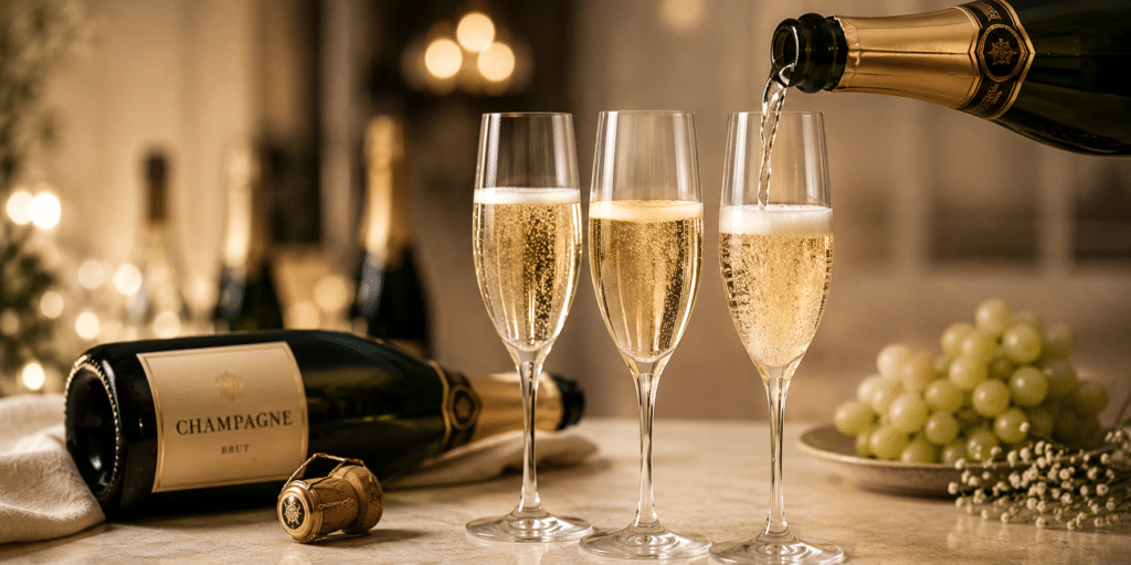 Champagner mit feiner Perlage im Glas – traditionelle Flaschengärung nach der Méthode Traditionnelle