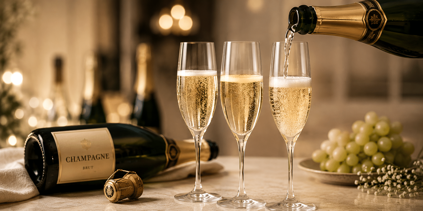 Champagner mit feiner Perlage im Glas – traditionelle Flaschengärung nach der Méthode Traditionnelle
