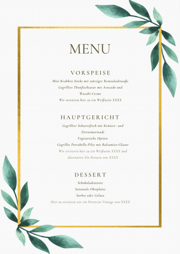 Festbegleitung, Feiern, weinfreunde, wein, essen, menu, menukarte, spargel, riesling